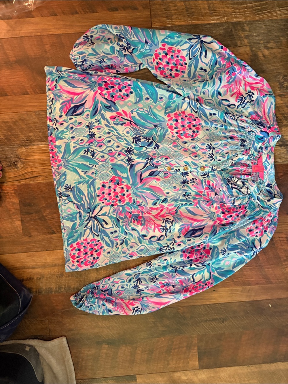 Lilly Pulitzer 100% Silk Colorful Floral Blouse — Vibrant Pink & Aqua Print